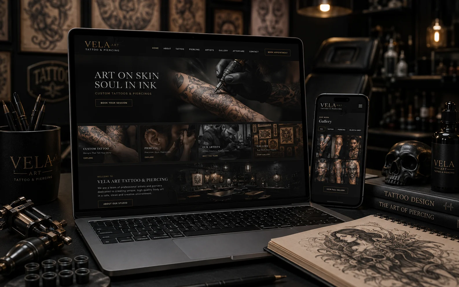 Vela Art Tattoo & Piercing web sitesi proje görseli
